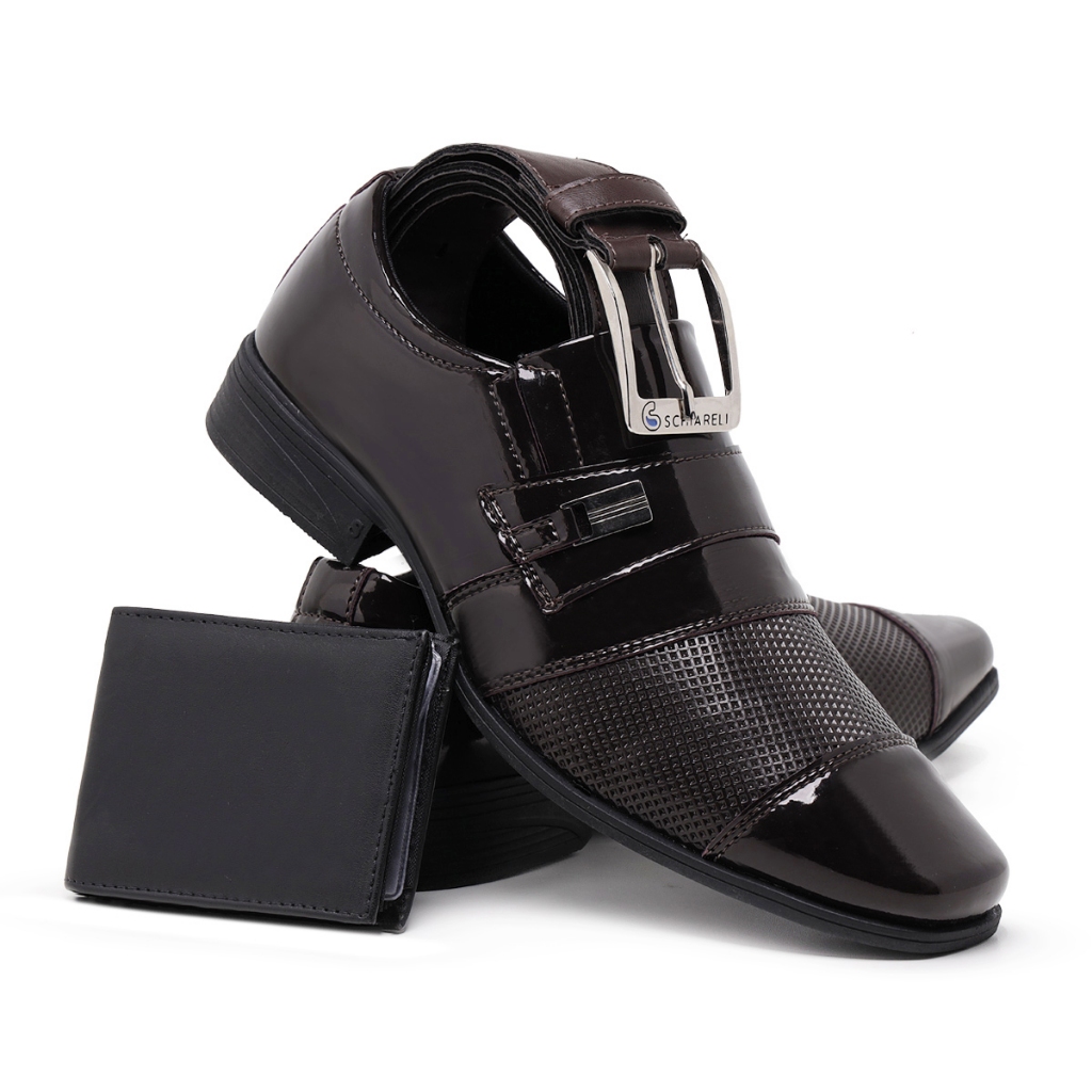 Kit Sapato Social Masculino Cinto E Carteira 834 Marrom Verniz Elástico Casual