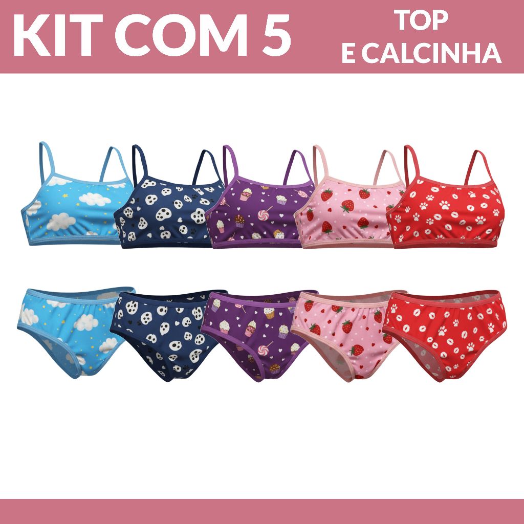 Kit 5 Conjuntos Infantil Feminino Top e Calcinha Microfibra Estampado Juvenil Sem Bojo Menina Moça