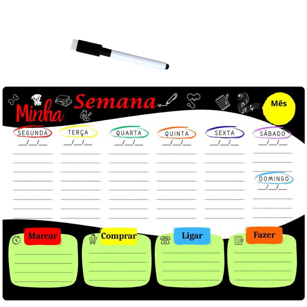 Planner Quadro Lousa com Imã Geladeira Rotina Semana Comprar Ligar Fazer Marca e Apagavel com Caneta