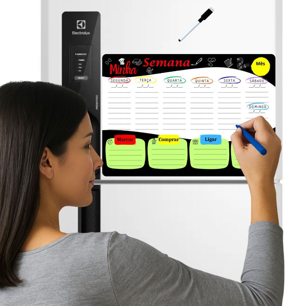 Planner Lembrete Mural Planejador Minha Semana Marcar Ligar Comprar Fazer Apagavel e Manta Magnetica