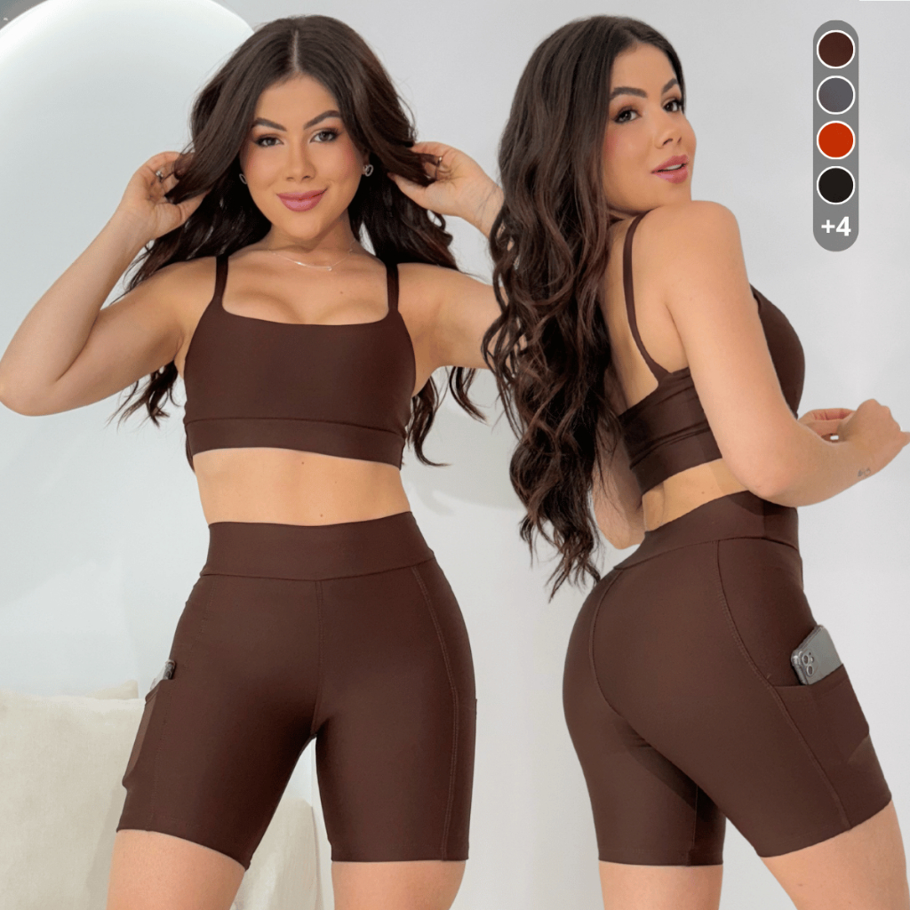 Conjunto Fitness Feminino Top + Short Com Bolso Suplex Academia Treino Corrida Caminhada em Oferta na Shopee