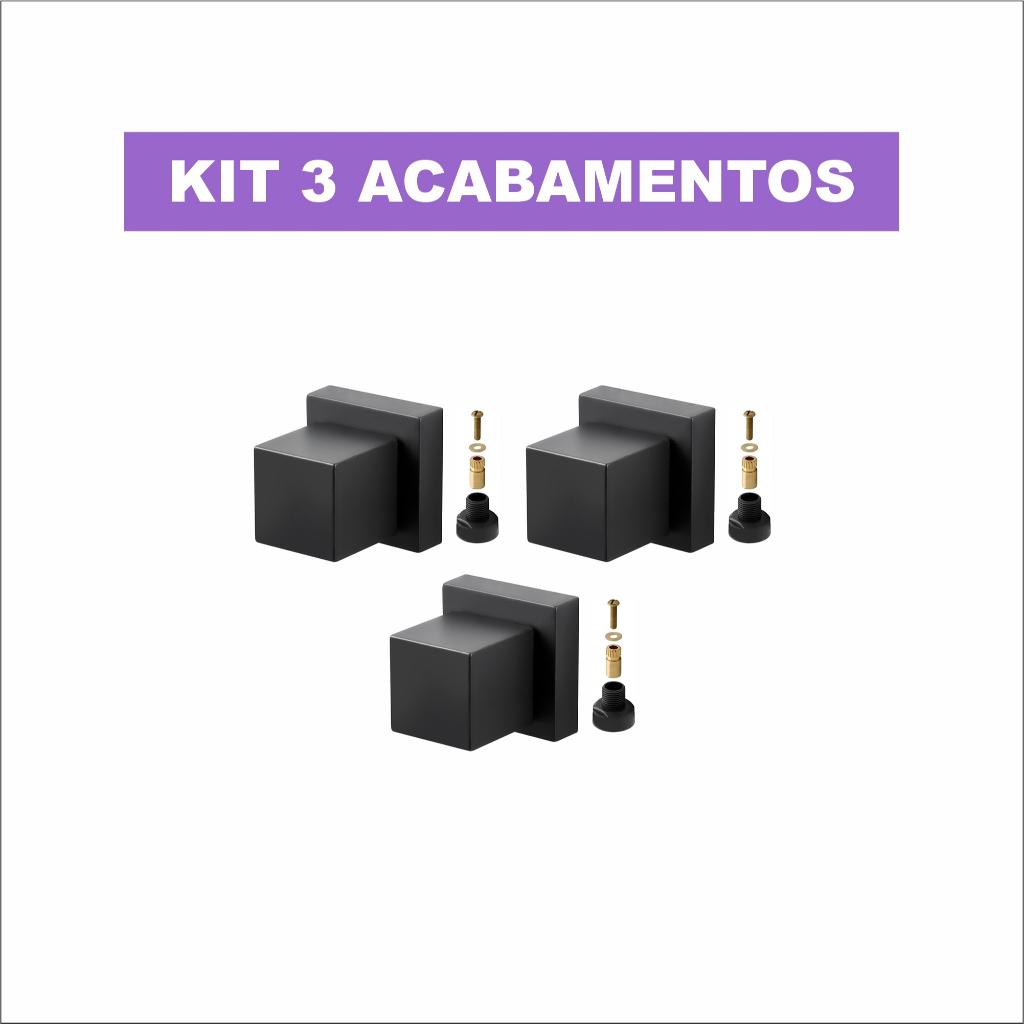 Kit 3 Acabamentos Registro Pressão ou Gaveta Quadrado Preto Docol