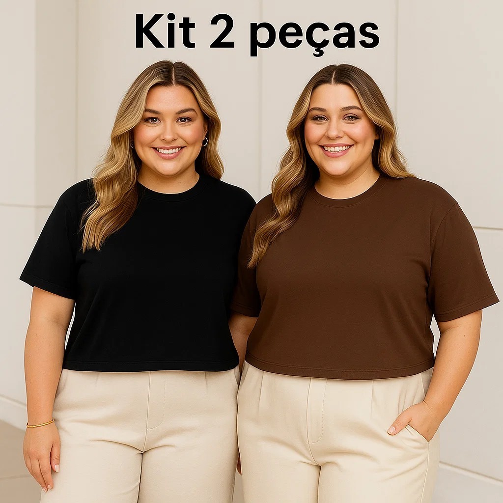 Kit 2 Cropped Feminino Over Plus Size G1 ao G4 Liso Moda Maior Básica Gola Redonda em Oferta na Shopee