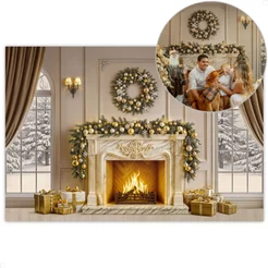 Painel Fotográfico Natal Newborn Boiserie Lareira Em Tecido Sublimado Fundo para Fotos - FNT-827