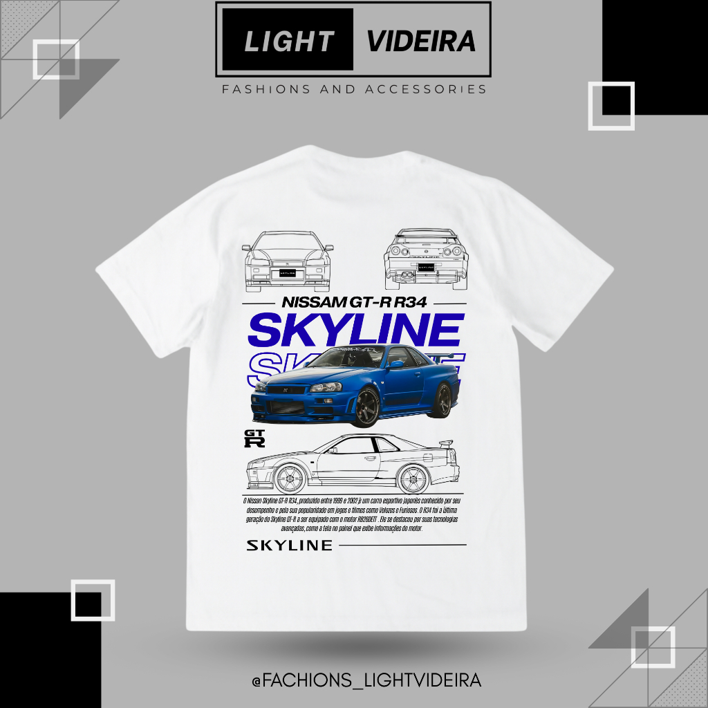 Camiseta Unissex 100% Algodão com Estampa Skyline R34 - Disponível em Diversas Cores