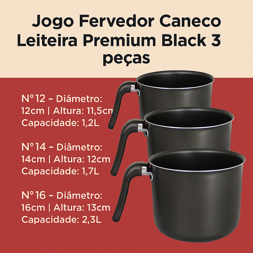 Imagem Jogo Fervedor Caneco Leiteira Premium Black 3 peças Nº12 Nº 14 Nº16
