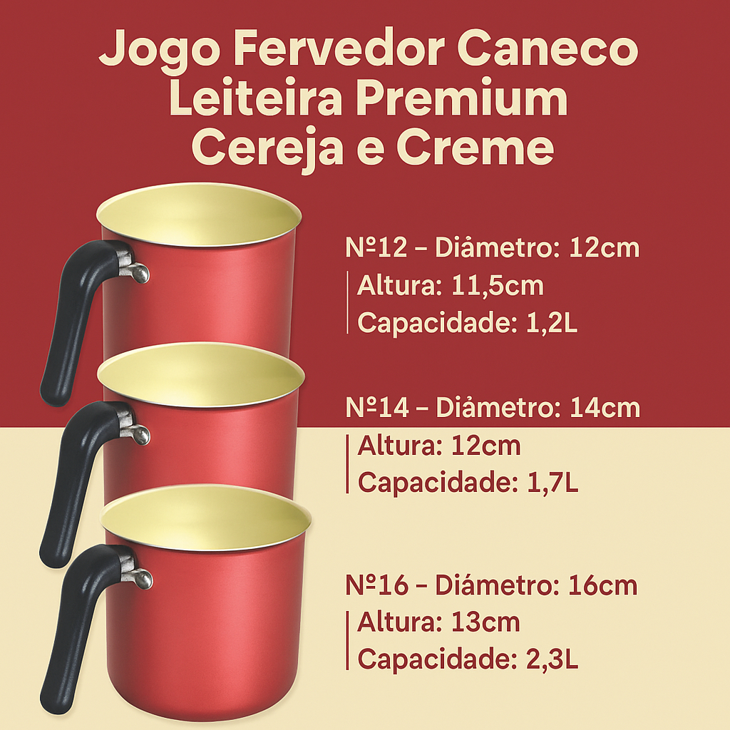 Imagem Jogo Fervedor Caneco Leiteira Premium Cereja & Creme - 3 peças Nº12 Nº 14 Nº16