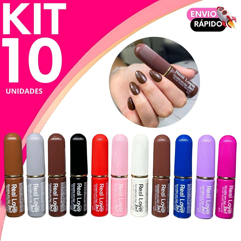 Esmalte em Gel Real Love 3in1 Top Coat Esmalte e Base em Gel Kit Cores - Secagem Rápida Cabine LED/UV