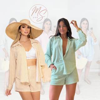 Conjunto Feminino Listrado Camisa de botão e Shorts Lançamento Verão em Oferta na Shopee