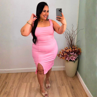 Vestido Midi Plus Size Regata Gola Quadrada Com Fenda Frontal Conforto Elegancia No Verao em Oferta na Shopee