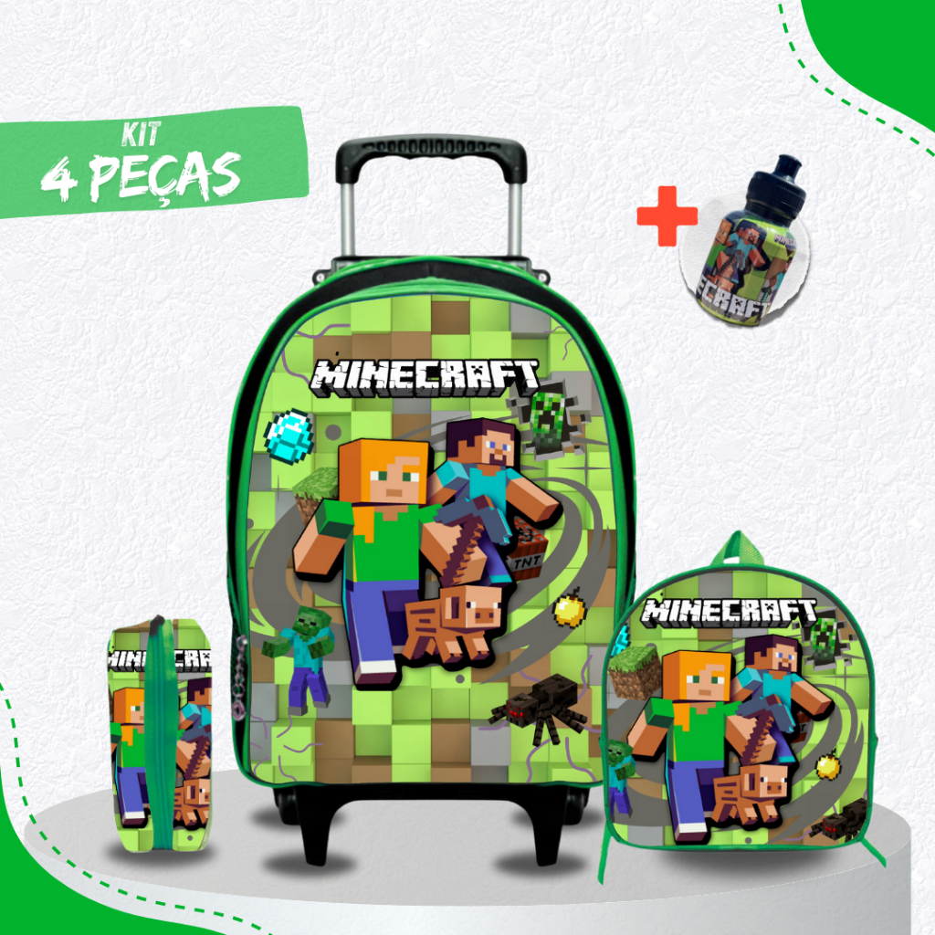 Kit Mochila Escolar gamecraft Menino com Lancheira e Estojo - Rodinhas