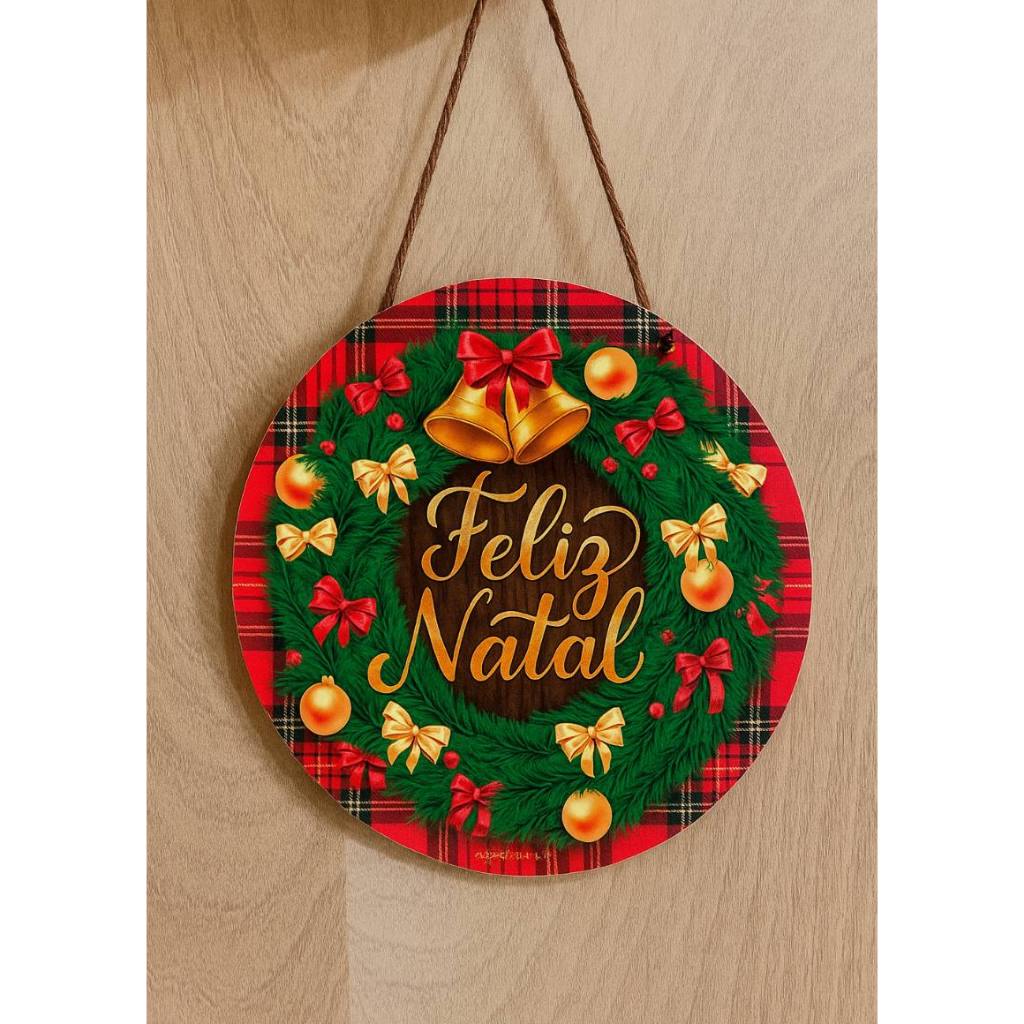 placa enfeite feito em MDF 6mm diametro 20x20 porta guirlanda decorativa adesivo feliz natal redondo decoração de natal