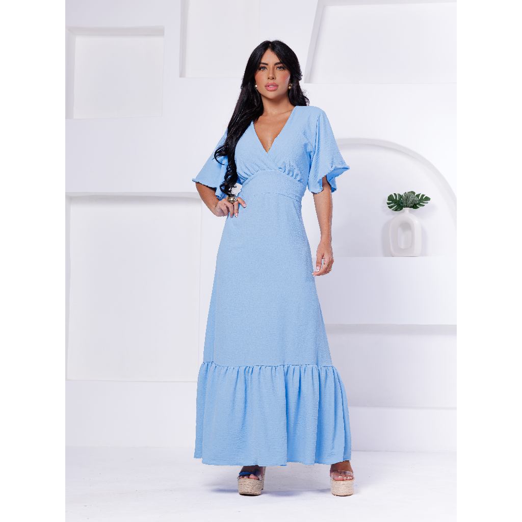 Vestido Longo Manga Curta Acinturado decote V Lisa em Oferta na Shopee