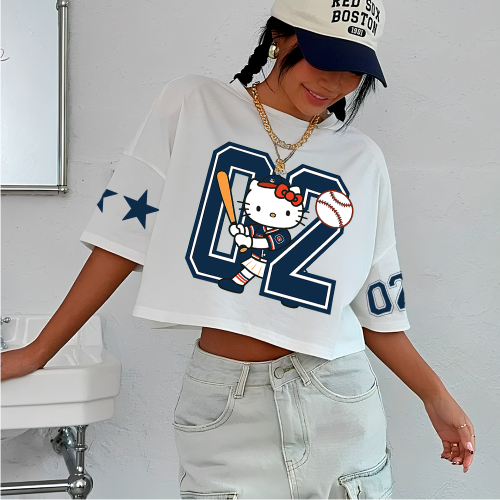 Blusa Cropped Feminino Caimento Oversized Baseball Hello Kit Player Game Estilo Americano Moda Gringa