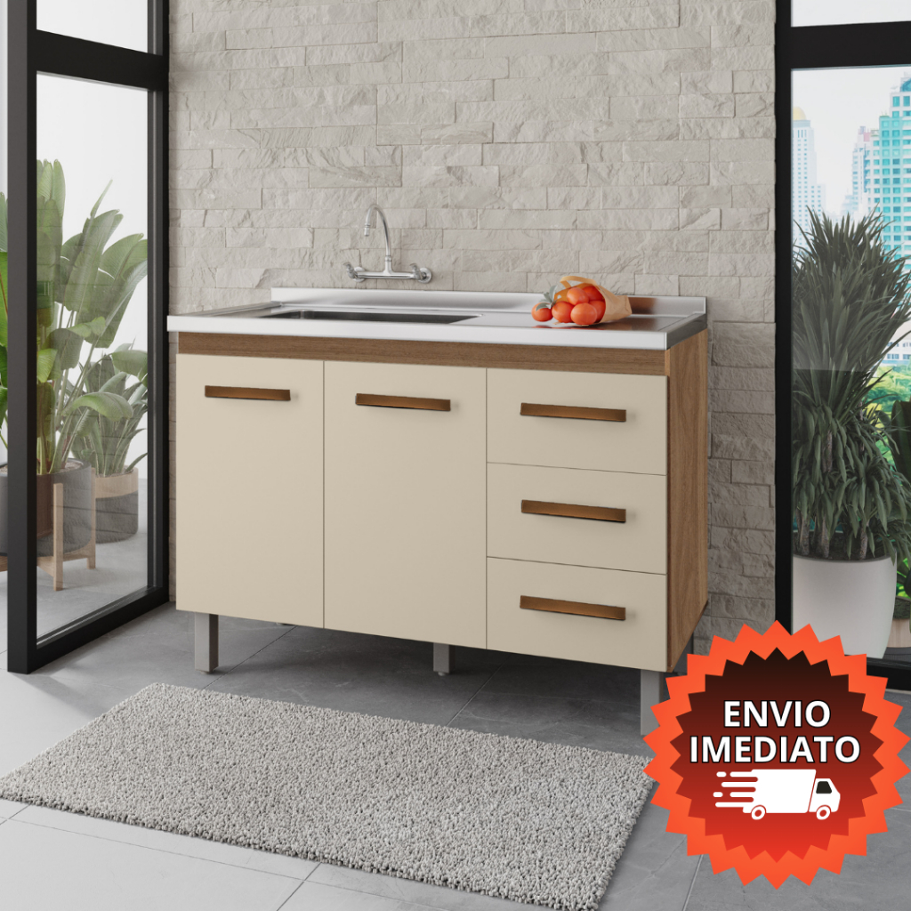 Balcão para Pia Sem Tampo Bianca 2 Portas 3 Gavetas 120cm em Oferta na Shopee