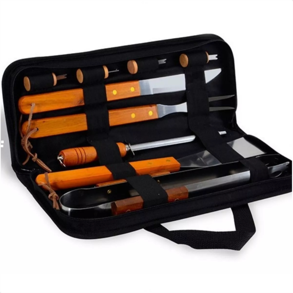 Conjunto Profissional Churrasco Aço Inox Com Faca Garfo e Chaira  Kit Completo Churrasqueiro Premium