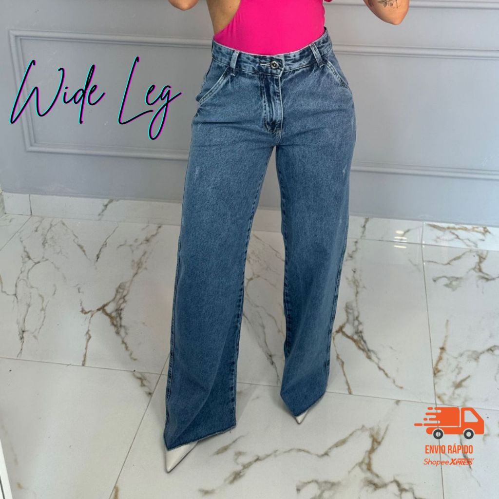 Calça Jeans Feminina Wide Leg Cintura Alta Marmorizada Sem Laicra Elastano Pantalona 100% Algodão Premium Modeladora