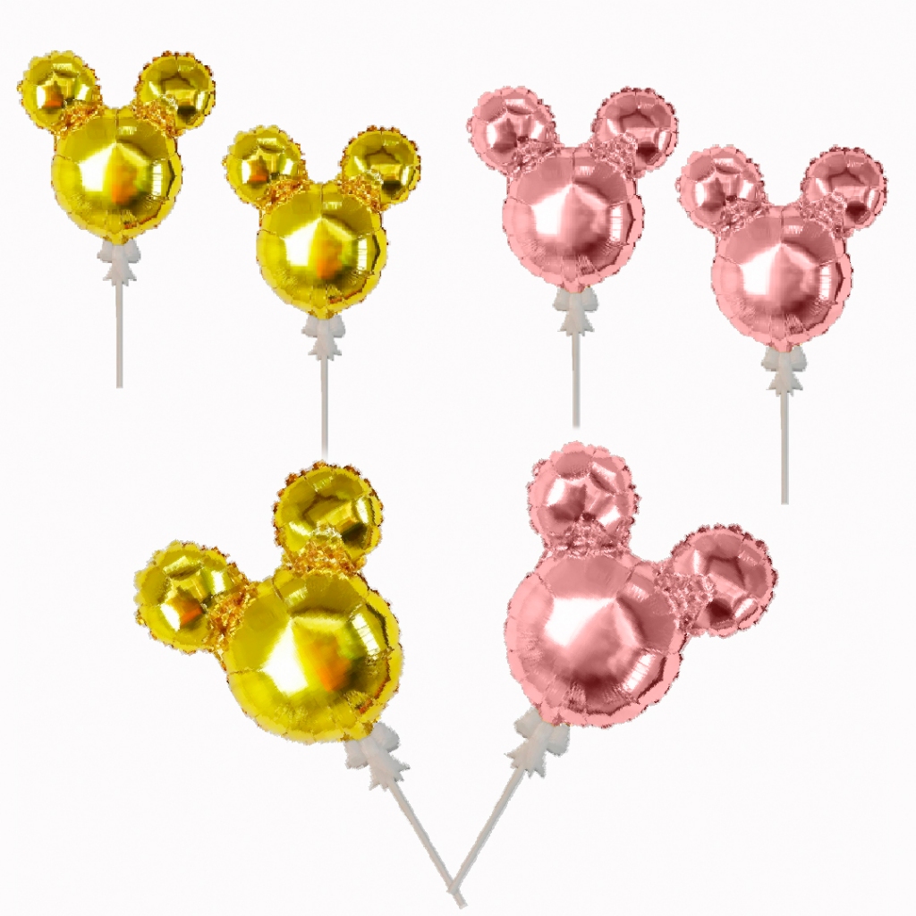 Balão  Mickey Mouse c/vareta 15cm metalizado Dourado/Rose