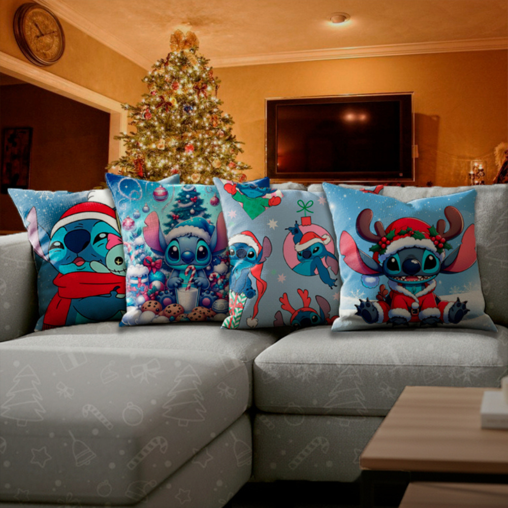 Kit 4 Capas de Almofadas Decorativas 45x45cm Feliz Natal Sala Quarto e Decoração Natalina Lilo Sttch