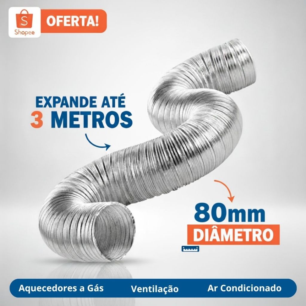 Imagem Tubo Flexível e Extensivo em Alumínio 80mm 3 Metros Para Exaustor Coifa Aquecedor Depurador Saídas de Ar