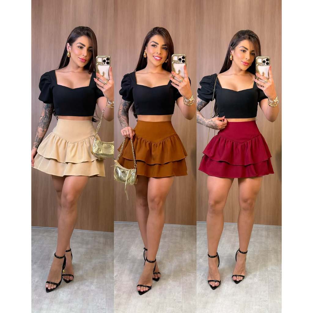 look Saia Curta feminino  com Babados em Camadas tmanhos (P) (M) (G) (GG) em Oferta na Shopee