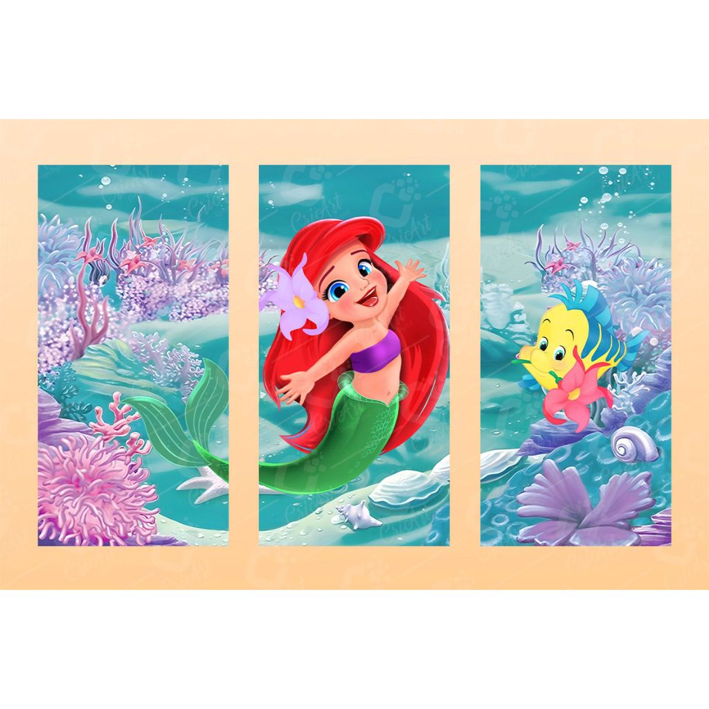 KIT PAINEL DE FESTAS, ARIEL PEQUENA SEREIA, 3 VERTICAIS 2X1 SEM ELÁSTICO OU 3 ROMANOS COM ELÁSTICO 2X1