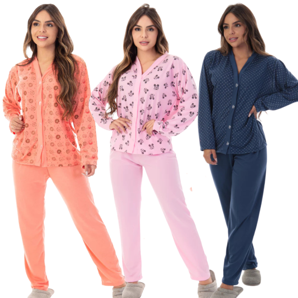 Pijama Longo Blogueirinha , Pós Cirúrgico Americano com Botões Estampado em Oferta na Shopee
