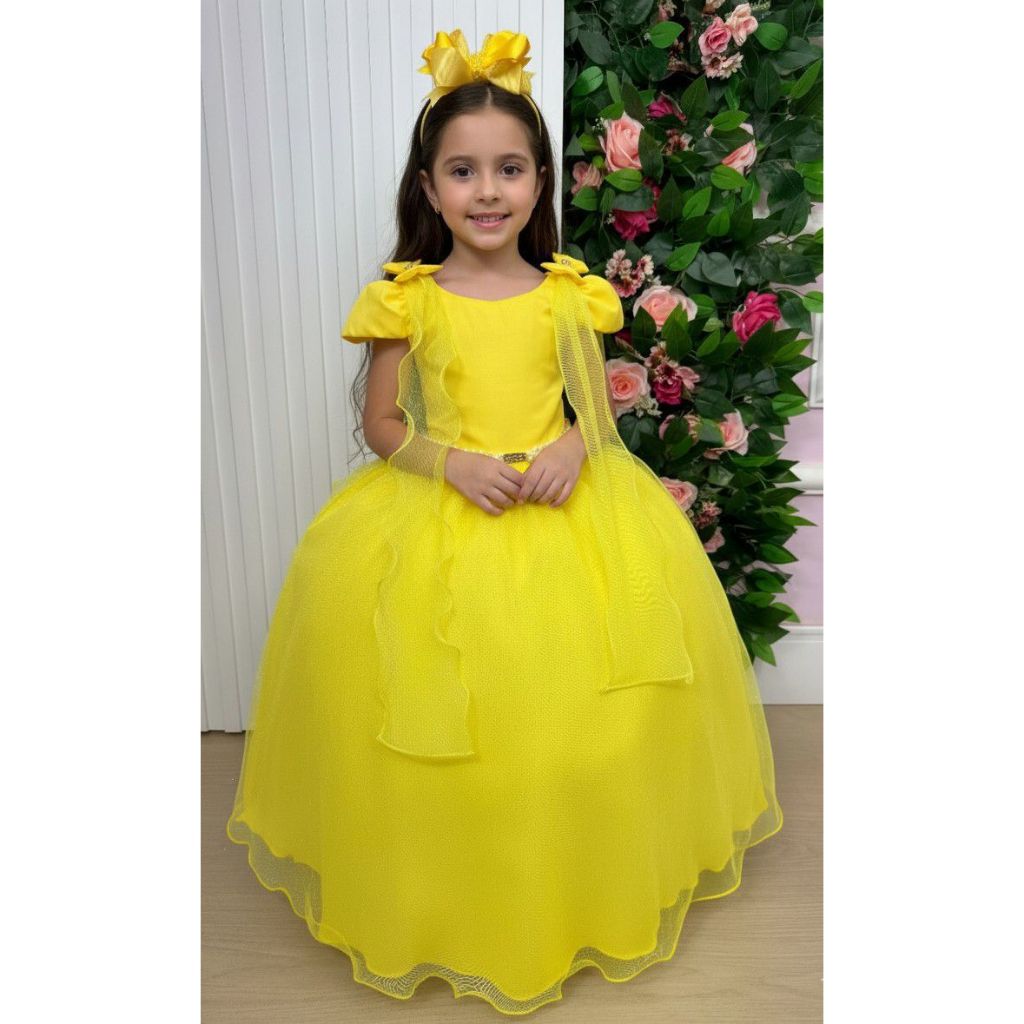 Vestido Infantil Menina Dama De Honra Daminha Formatura Longo Amarelo Glitter Florista Casamento