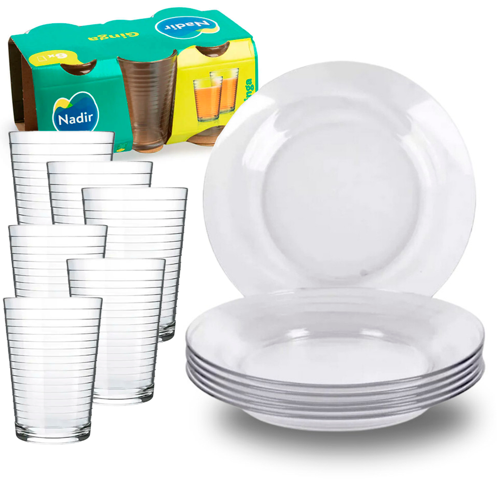 Kit 12 Peças 6 Pratos Cristal Fundo Vidro 22,6cm 6 Copos Ginga 265ml Ideal Bebidas e Jantar