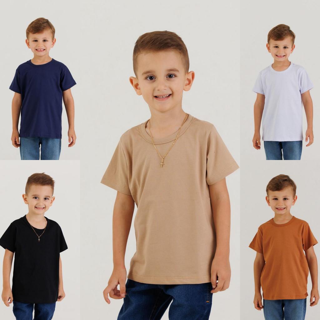 Kit 5 Camiseta Manga Curta Infantil Menino e menina Basica Escolar de Meia Malha 100%Algodão