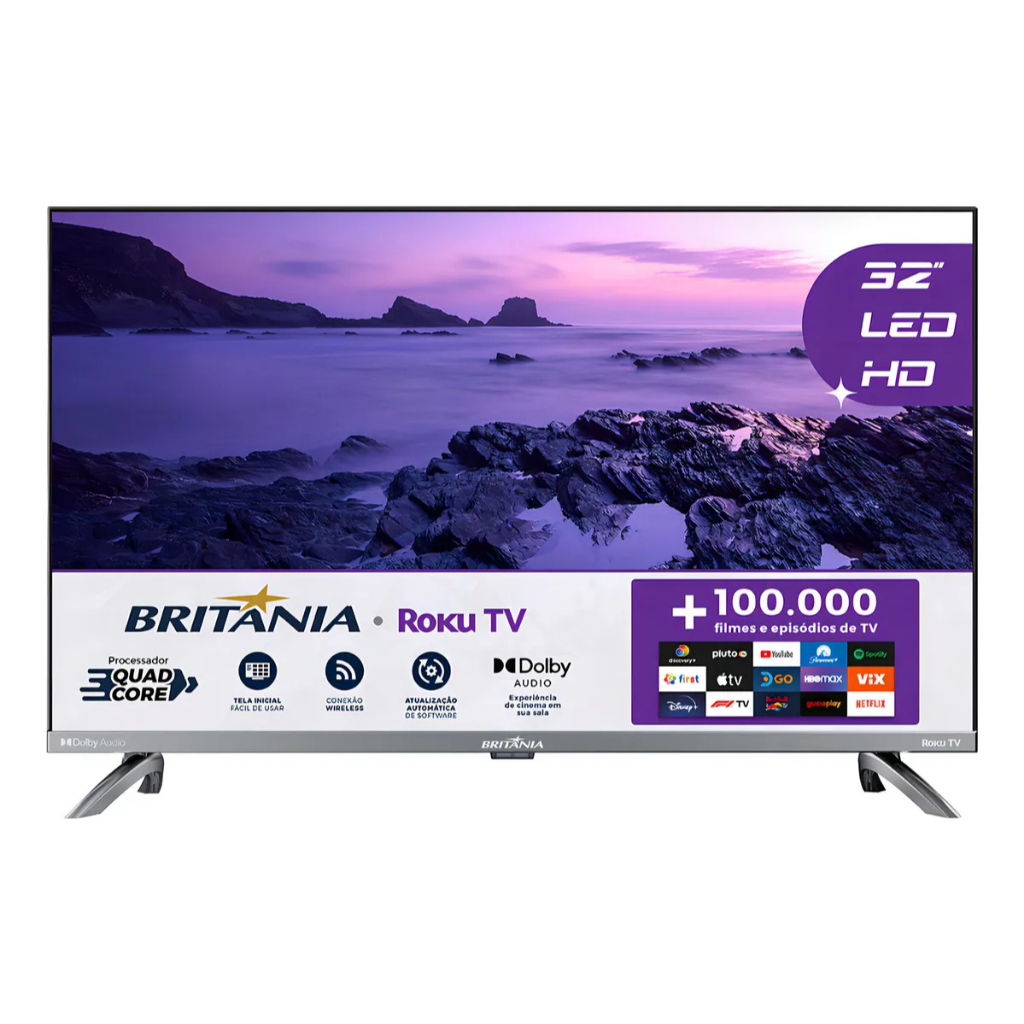 Smart Tv Britânia 32” HD Roku Tv Wi-Fi | Netflix, YouTube, HDMI e USB
