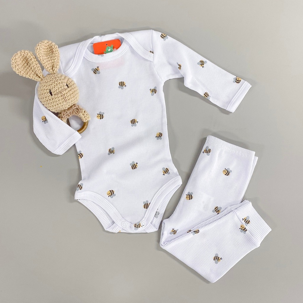 Conjunto Bebê Canelado Algodão Estampado Body Manga Longa e Calça Confortável Unissex RN ao G