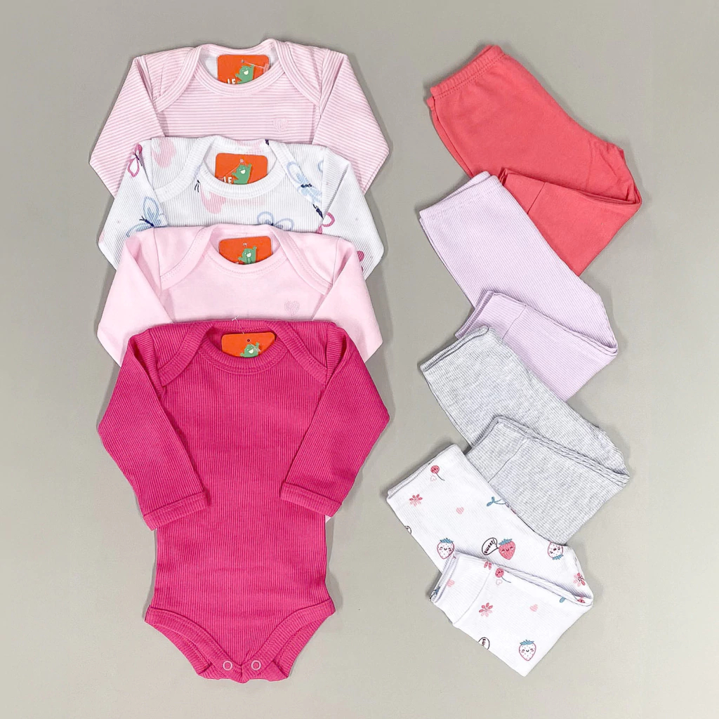 Kit Enxoval 8 Peças Bebê Menina Body e Calça Sortidos 100% Algodão Antialérgico Confortável