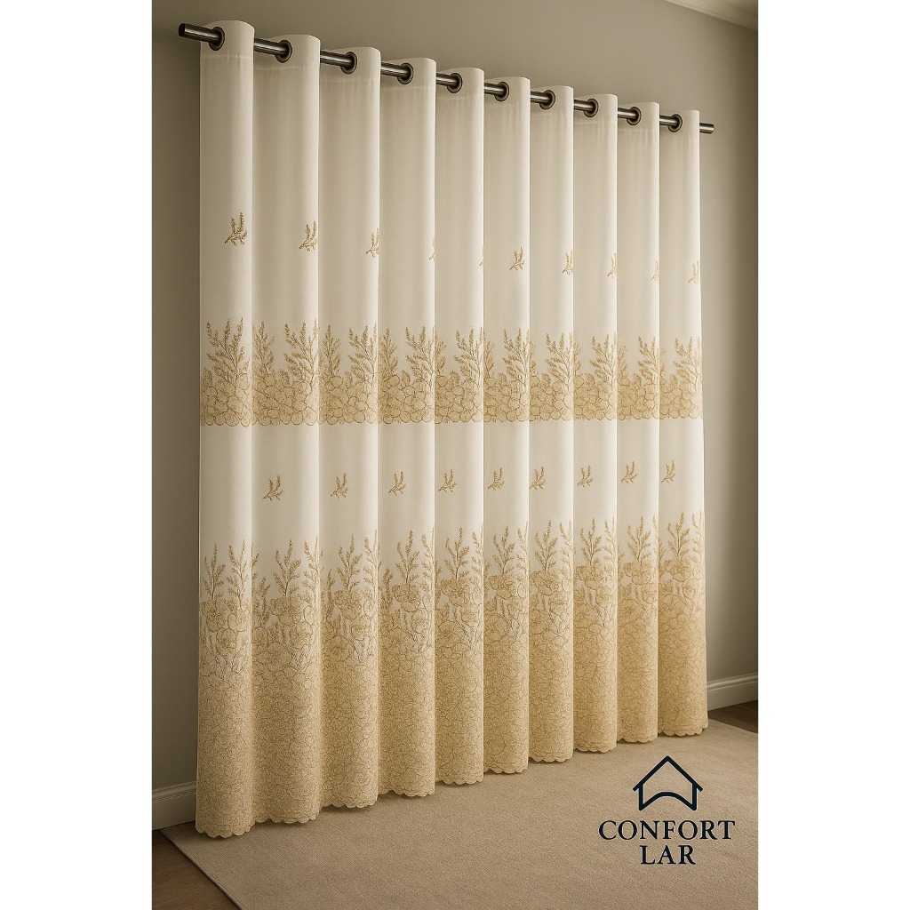 Cortina Bordada de Voil com Forro – 3,00x2,60m – Preço de Fábrica