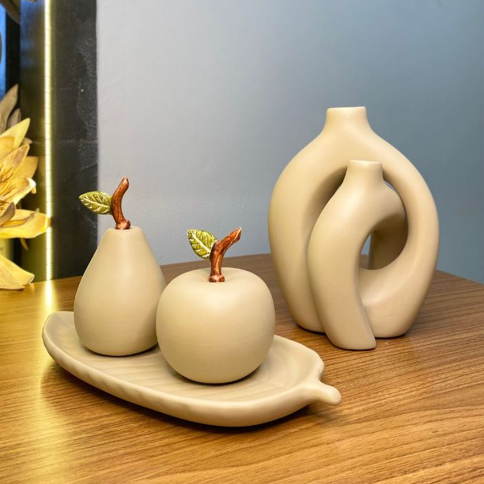 Kit Vaso Duplo + Conjunto Macã, Pêra e Bandeja - Cerâmica Decorativo - Aparador/Sala/Hall