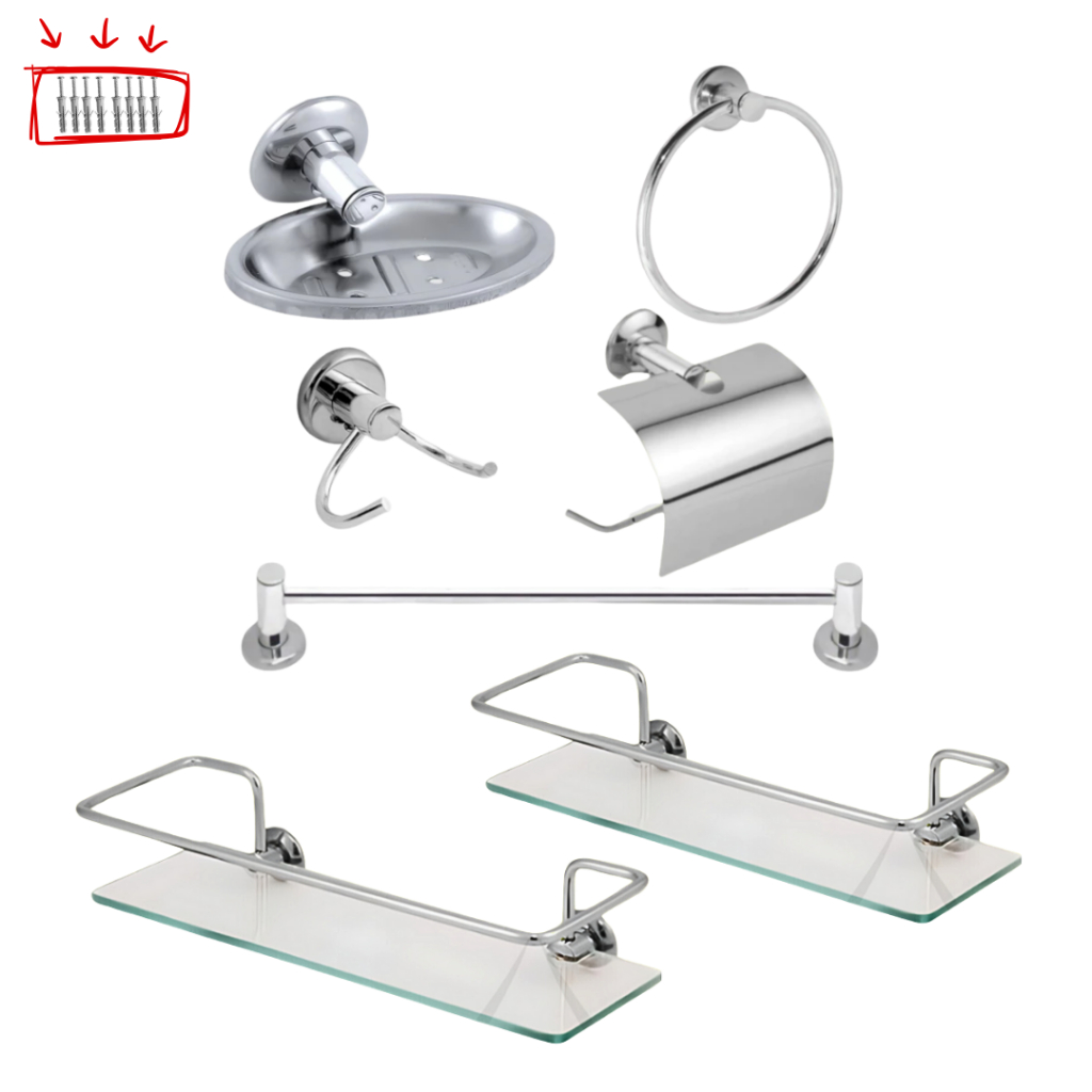 Kit Acessórios Para Banheiro Aço Inox 5 Peças + 2 Porta Shampoo Vidro Reto em Oferta na Shopee