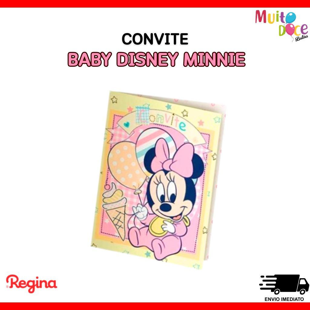 Convite de Aniversário Baby Disney Minnie Rosa - 8 Unidades - Para Festa, Mesversário, Chá de Bebê
