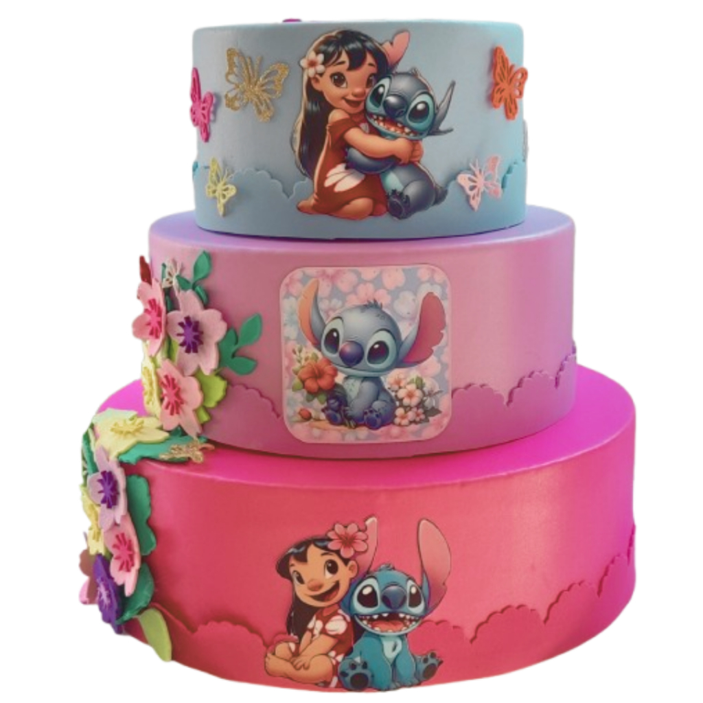 Bolo Fake em isopor encapado em EVA 3 andares - Bolo Fake Lilo e Stitch com flores e borboletas em EVA