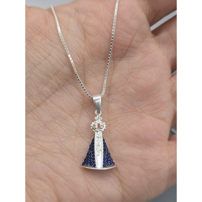 Pingente Nossa Senhora Aparecida em Prata 925 - Corrente veneziana com 45 cm com pingente de Nossa Senhora Aparecida