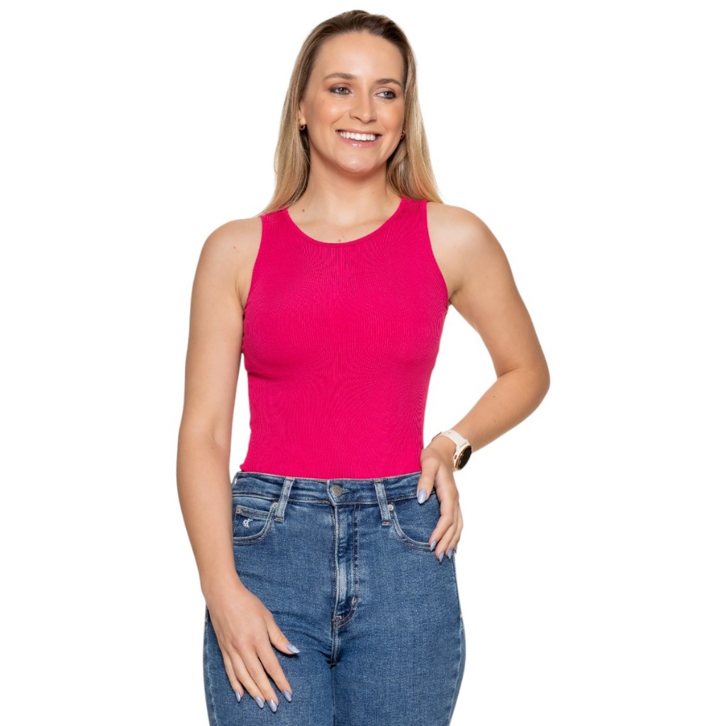 Blusa Regata Feminina Ribana Canelada Gola Redonda Alça Larga Casual Confortável Moderna Slim Fit