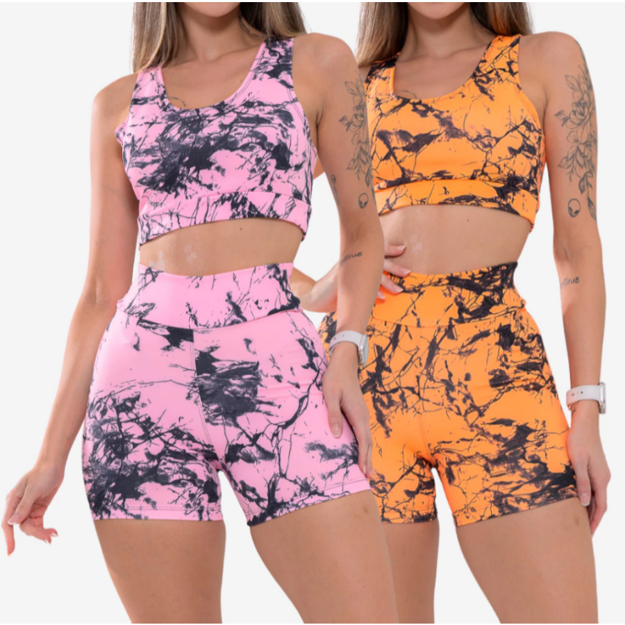 Kit 2 Conjunto Top e Short Marmorizado Tie Dye Academia Fitness Caminhada Ciclismo Ginastica