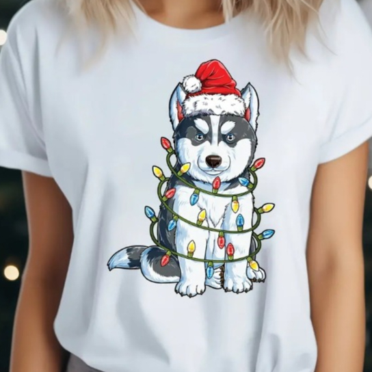 Camisa Manga Curta Unissex Cachorro Pastor Alemão Natalino Estampa de Natal Camiseta Feminina Manga Curta Moda Verão