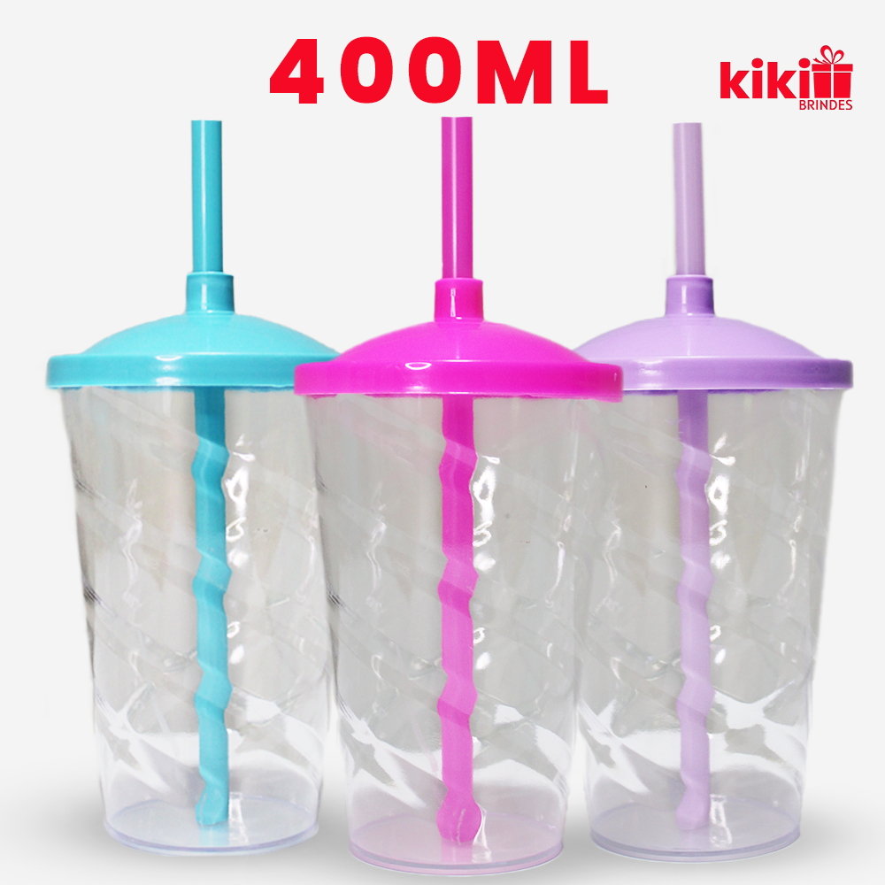 5 Copos Cristal Twister 400ml, Festas E Eventos, Transparentes Com Tampa E Canudo coloridos