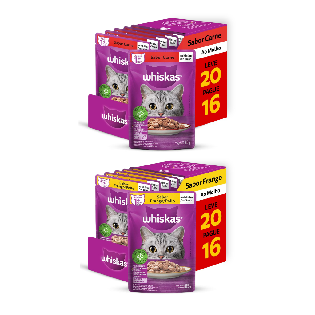 Kit 40 Sachês Whiskas Gatos Ração Úmida Carne e Frango 20 de cada 85g Display