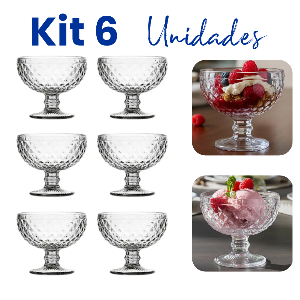 Kit 6 Unidades Taça de Sobremesa Bico de Abacaxi Sorvete Drinks Água Champagne Vidro 300ml