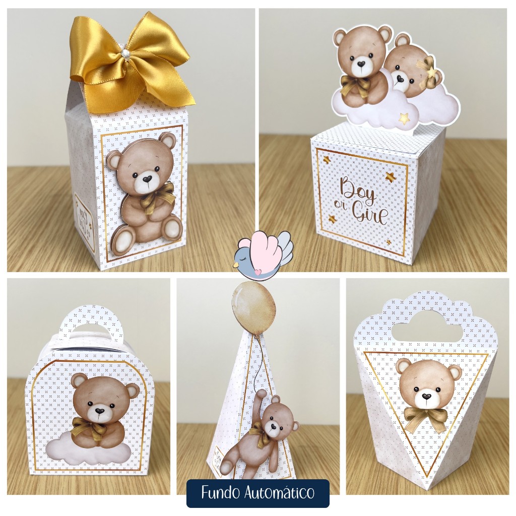 Kit Caixinhas - Chá Revelação Ursinho Dourado - Lembrancinhas Personalizadas para Festa