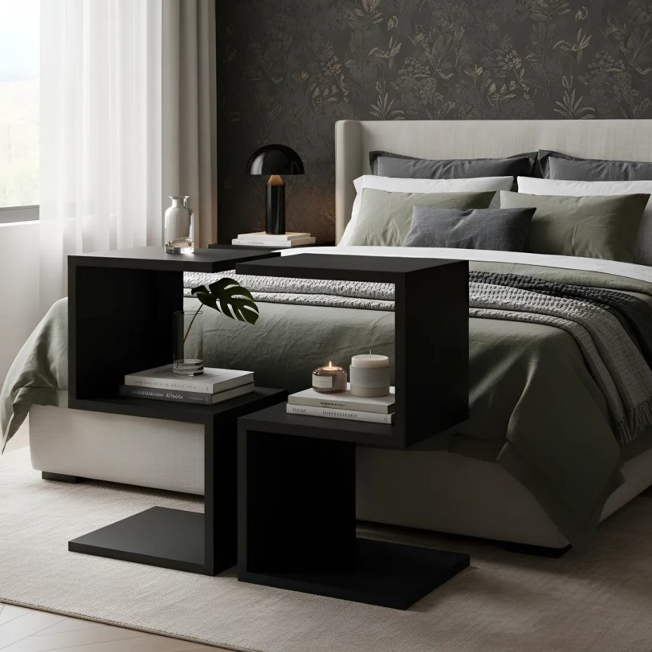 Kit Mesa de Cabeceira S e Z Preto MDF Quarto Escritório Sala Decoração Madeira Criado Nichos Mesinha