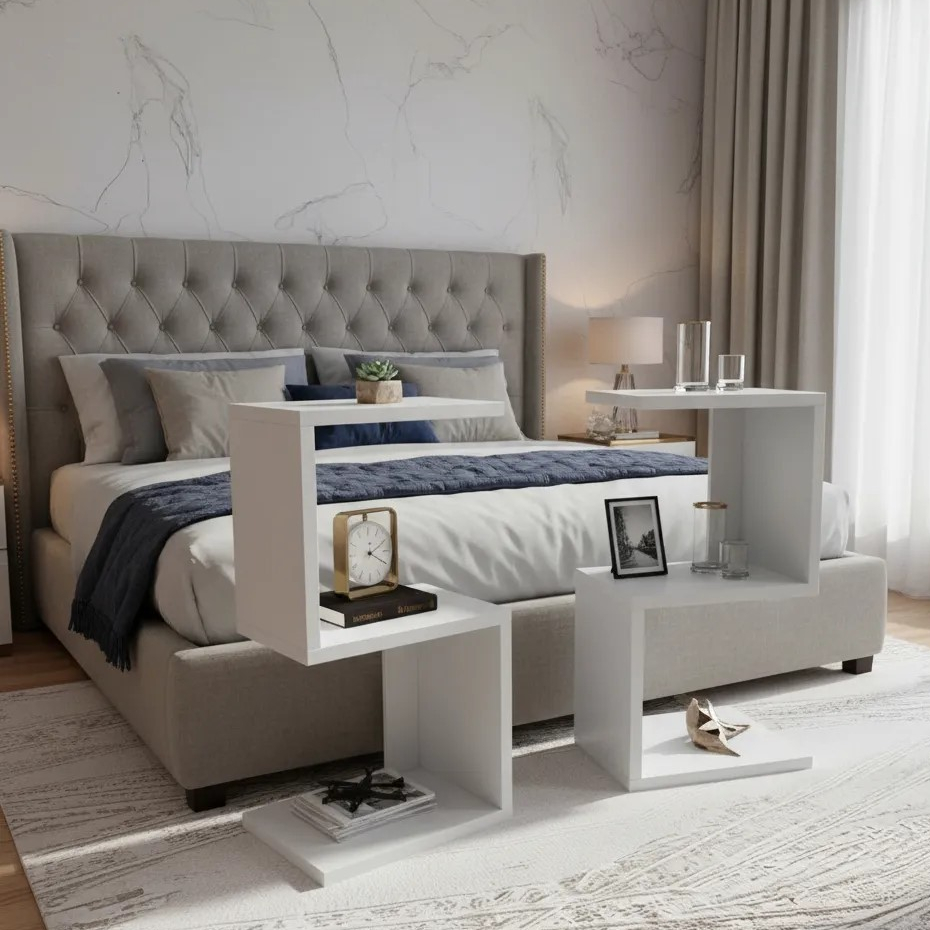 Kit Mesa de Cabeceira S e Z MDF Branco Nicho Quarto Sala Escritório Madeira Mesinha Organizador Casa