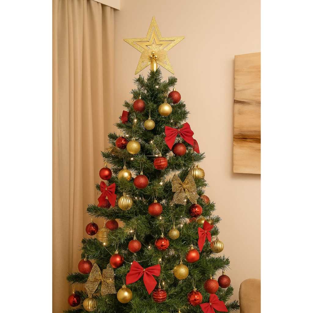 Estrela Ponteira Natal Enfeite Topo de Árvore Natalina com Laço Dourada ou Vermelha Oferta Especial