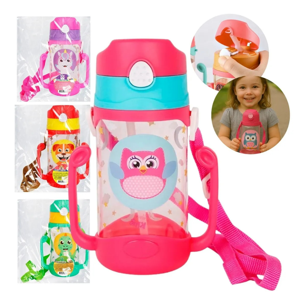 Garrafa Infantil Com Alça Canudo Cordão 400ml Baby Resistente Garrafinha Criança Grande Copo — imagem 2 de 2